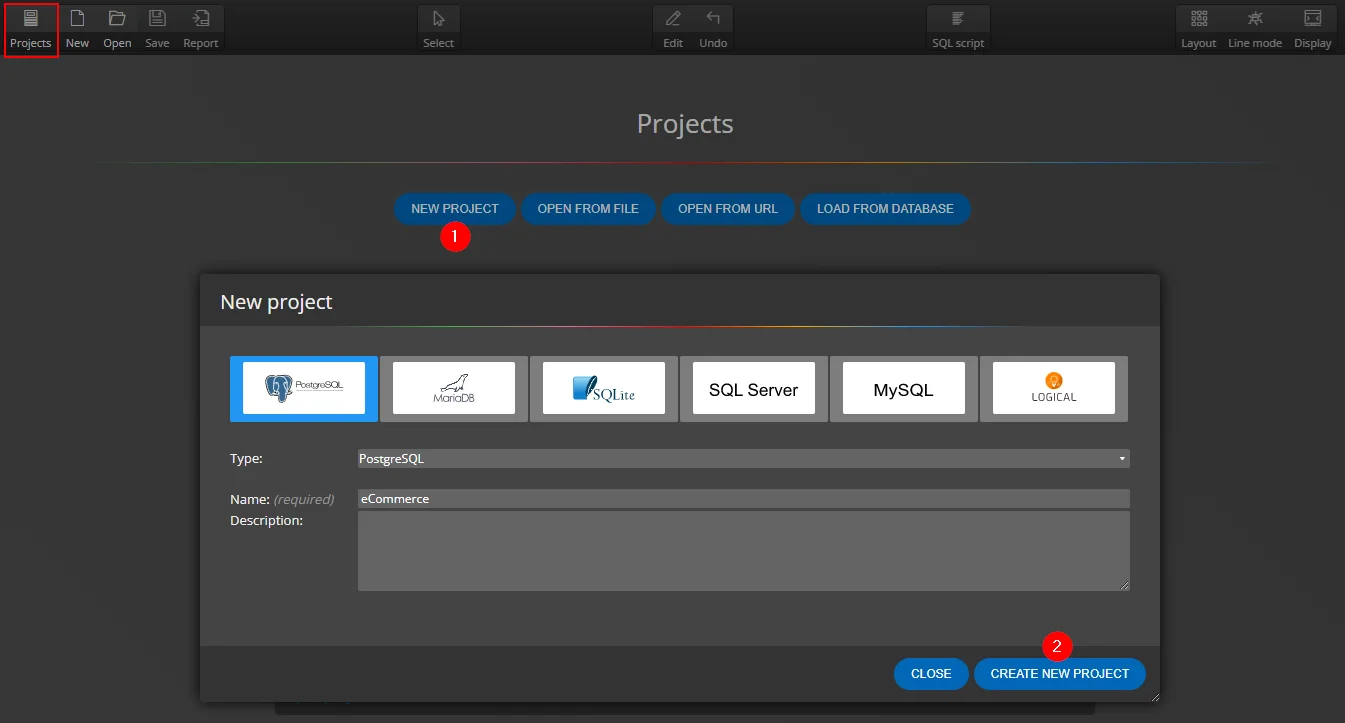 Creating a new project for a new database diagram