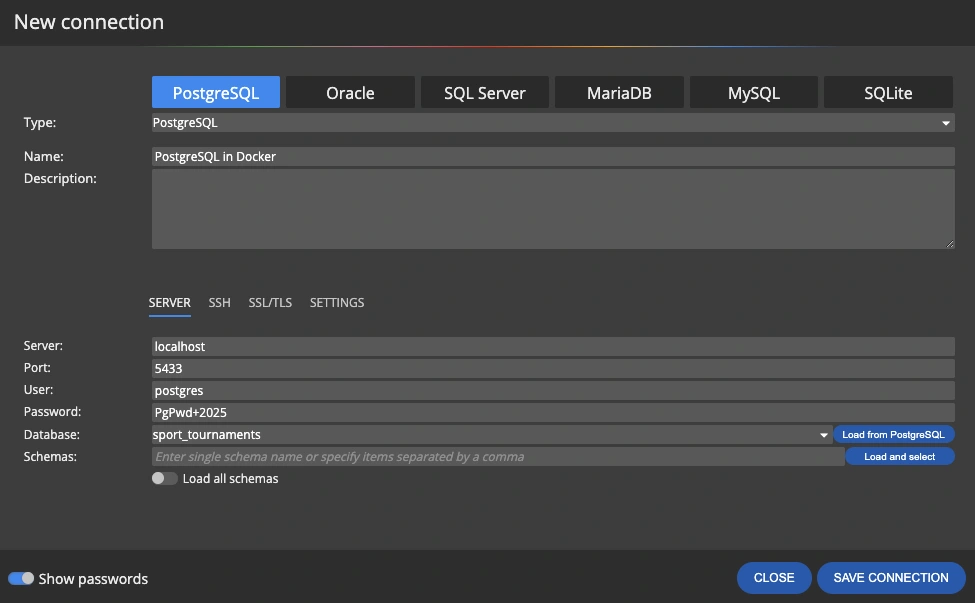 Connection to PostgreSQL running in Docker. The screenshot show a connection form from Luna Modeler data modeling tool.