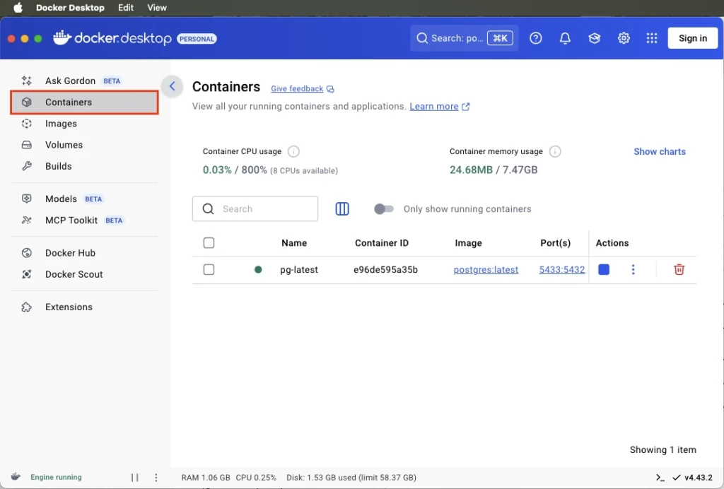 Docker Desktop UI showing the running PostgreSQL container.