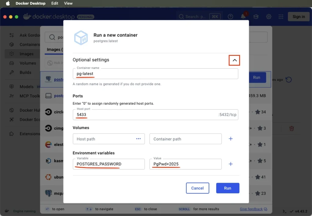 Docker Desktop UI - the Run a new container form with optional settings for PostgreSQL.
