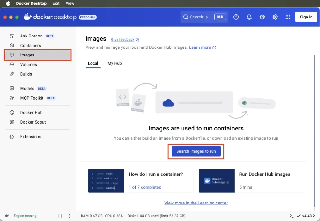Docker desktop UI showing the section with available images
